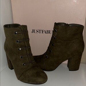 JustFab Green Suede Heeled Boots with Lace-Up Detail